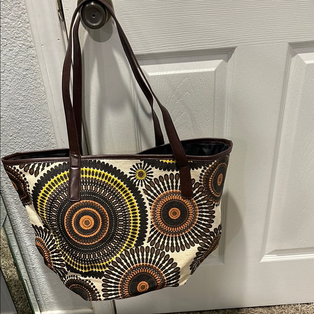 Neiman Marcus Stylish Brown and Yellow Patterned Tote Bag